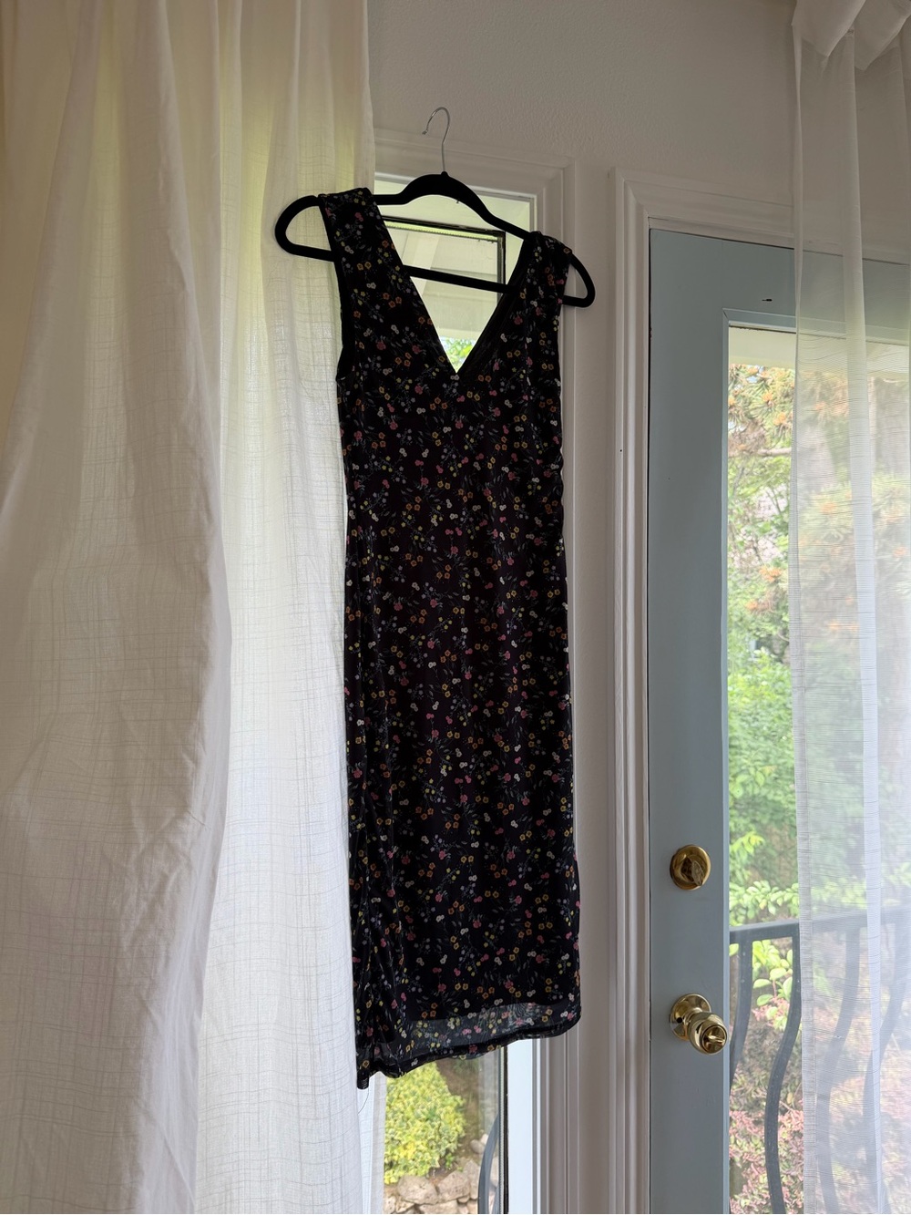 AFRM Black Floral V-Neck Midi Dress with Pink & Yellow Accents